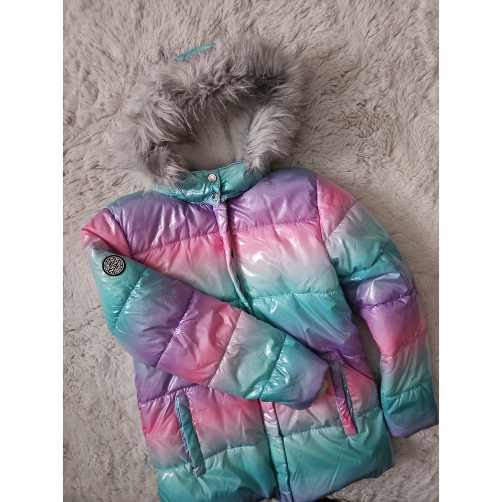 Justice Girls Ombre Metallic Puffer Jacket with Removable Faux Fur Hood